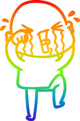 rainbow gradient line drawing of a cartoon crying bald man