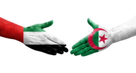 Handshake between Algeria and UAE flags painted on hands, isolated transparent image.