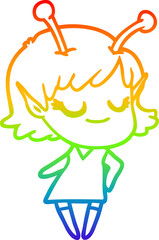 rainbow gradient line drawing of a smiling alien girl cartoon