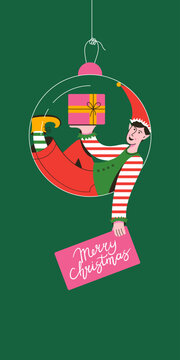 Christmas elf with gift present. Santa's helper holding holiday gift. Boy elf with green costume sitting in Christmas ball. Merry Xmas illustration for congratulation card, banner, flayer, poster.