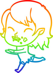 rainbow gradient line drawing of a cartoon vampire girl with blood on cheek