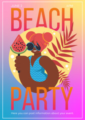 Advertising poster Beach party. Girl, summer, fruits, swimsuit. Flat style.