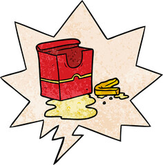 cartoon empty box of fries with speech bubble in retro texture style