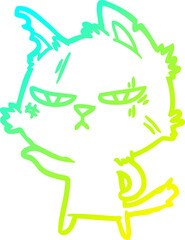 cold gradient line drawing of a tough cartoon cat