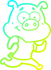 cold gradient line drawing of a happy cartoon pig running