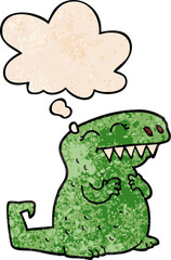 cartoon dinosaur with thought bubble in grunge texture style