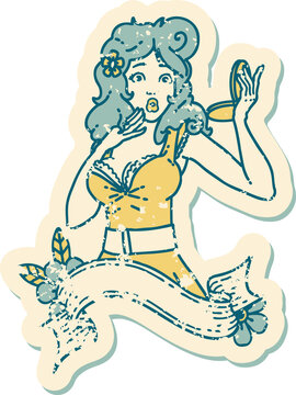 iconic distressed sticker tattoo style image of a pinup surprised girl with banner