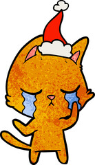 crying hand drawn textured cartoon of a cat wearing santa hat
