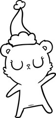 peaceful hand drawn line drawing of a bear wearing santa hat