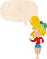 cartoon woman with big hair with speech bubble in grunge distressed retro textured style