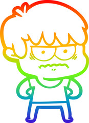rainbow gradient line drawing of a annoyed cartoon boy