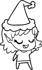 happy hand drawn line drawing of a elf girl wearing santa hat