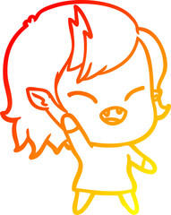 warm gradient line drawing of a cartoon laughing vampire girl waving