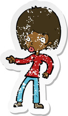 retro distressed sticker of a cartoon woman pointing