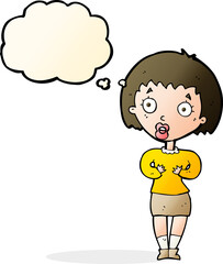 cartoon woman making Who Me? gesture with thought bubble