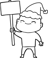 happy hand drawn line drawing of a bald man wearing santa hat