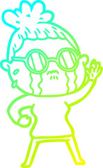 cold gradient line drawing of a cartoon crying woman wearing spectacles