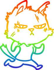 rainbow gradient line drawing of a tough cartoon cat running