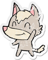 distressed sticker of a friendly cartoon wolf