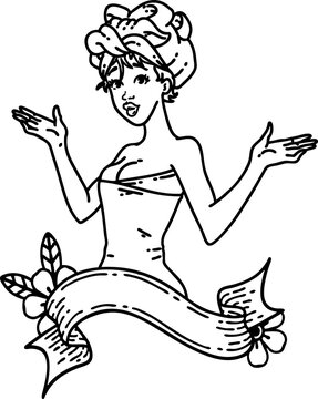 tattoo in black line style of a pinup girl in towel with banner