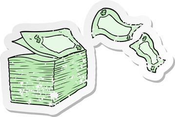 distressed sticker of a cartoon money blowing away