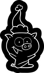 Obraz premium cheerful sitting pig quirky cartoon icon of a wearing santa hat