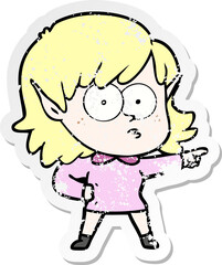 distressed sticker of a cartoon elf girl staring and pointing