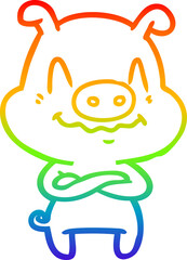 rainbow gradient line drawing of a nervous cartoon pig