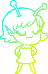 cold gradient line drawing of a smiling alien girl cartoon