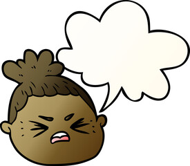 cartoon female face with speech bubble in smooth gradient style