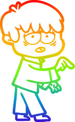 rainbow gradient line drawing of a cartoon exhausted boy