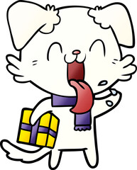 cartoon panting dog with present