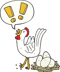 cartoon chicken laying egg with speech bubble