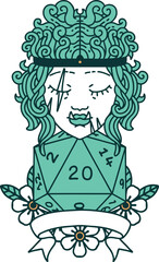 Retro Tattoo Style half orc barbarian character with natural 20 dice roll