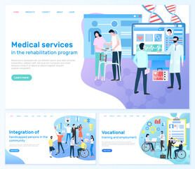 Medical services, rehabilitation program, integration of handicapped persons in community, vocational training and employment vector illustration