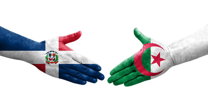 Handshake between Algeria and Dominican Republic flags painted on hands, isolated transparent image.