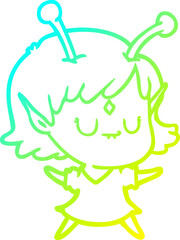 cold gradient line drawing of a cartoon alien girl