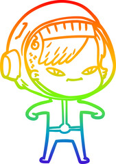 rainbow gradient line drawing of a cartoon astronaut woman