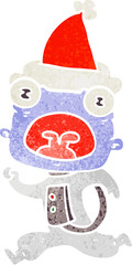 hand drawn retro cartoon of a weird alien running away wearing santa hat