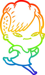 rainbow gradient line drawing of a cute cartoon girl with hipster haircut