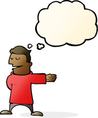 cartoon man gesturing direction with thought bubble