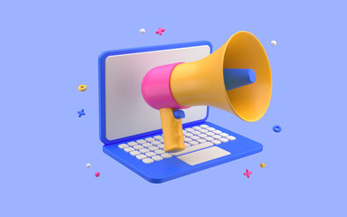 Loudspeaker with notebook concept. Information alert, megaphone with laptop. 3d rendering on blue background. - obrazy, fototapety, plakaty