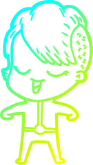 cold gradient line drawing of a happy cartoon girl in futuristic clothes