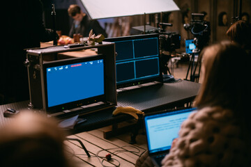 Film crew, lighting devices, monitors, playbacks - filming equipment and a team of specialists in...