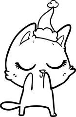 calm hand drawn line drawing of a cat wearing santa hat
