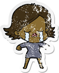 distressed sticker of a cartoon girl crying