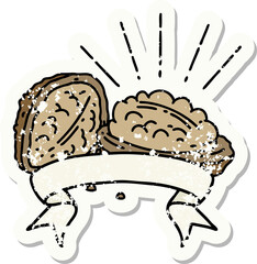 worn old sticker of a tattoo style walnuts with shell