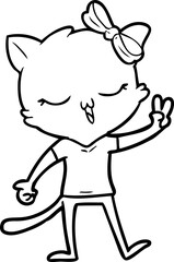 cartoon cat with bow on head giving peace sign