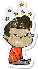 distressed sticker of a cartoon excited man