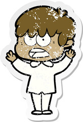 distressed sticker of a worried cartoon boy